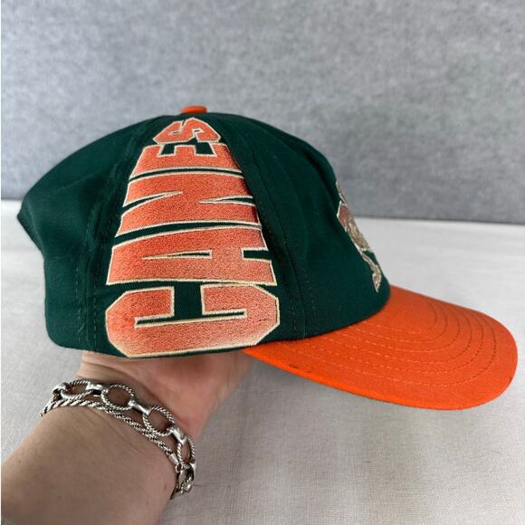 VTG Miami Canes Snapback Hurricanes Cap 90s USA Made Embroidered Green Orange - Picture 4 of 11